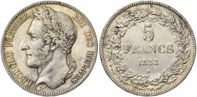 BELGIQUE, Royaume, Léopold Ier (1831-1865), AR 5 francs, 1833. Pos. B. Bogaert 27B. Petits coups.
Très Beau à Superbe