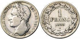 BELGIQUE, Royaume, Léopold Ier (1831-1865), AR 1 franc, 1833. Dupriez 33. Rare Nettoyé.
Beau à Très Beau