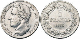 BELGIQUE, Royaume, Léopold Ier (1831-1865), AR 5 francs, 1835. Pos. B. Bogaert 122B. Nettoyé.
presque Très Beau