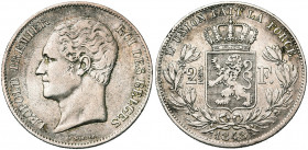 BELGIQUE, Royaume, Léopold Ier (1831-1865), AR 2 1/2 francs, 1848. Petite tête. Dupriez 382. Coup sur la tranche.
Très Beau