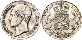 BELGIQUE, Royaume, Léopold Ier (1831-1865), AR 20 centimes, 1852. L.W. avec points. Bogaert 523A. Quelques taches au droit.
Superbe à Fleur de Coin