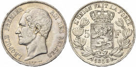 BELGIQUE, Royaume, Léopold Ier (1831-1865), AR 5 francs, 1858. Dupriez 600. Coup sur la tranche.
Très Beau