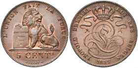 BELGIQUE, Royaume, Léopold Ier (1831-1865), Cu 5 centimes, 1859. Avec croix sur la couronne. Dupriez 690.
Superbe
