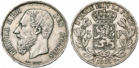 BELGIQUE, Royaume, Léopold II (1865-1909), AR 5 francs, 1865. Dupriez 968.
Très Beau