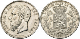 BELGIQUE, Royaume, Léopold II (1865-1909), AR 5 francs, 1865. Dupriez 968. Nettoyé.
Très Beau