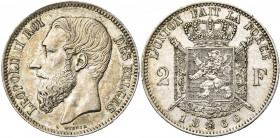 BELGIQUE, Royaume, Léopold II (1865-1909), AR 2 francs, 1866. Type A. Avec croix sur la couronne. Dupriez 1036.
presque Superbe