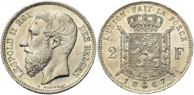 BELGIQUE, Royaume, Léopold II (1865-1909), AR 2 francs, 1867. Type A. Avec croix sur la couronne. Bogaert 1079A. Petits coups.
Superbe