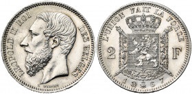 BELGIQUE, Royaume, Léopold II (1865-1909), AR 2 francs, 1867. Type A. Avec croix sur la couronne. Bogaert 1079A. Nettoyé.
Superbe