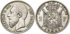 BELGIQUE, Royaume, Léopold II (1865-1909), AR 2 francs, 1868. Type A. Avec croix sur la couronne. Dupriez 1095.
presque Très Beau