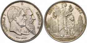 BELGIQUE, Royaume, Léopold II (1865-1909), AR 5 francs, 1880. Cinquantenaire de l''indépendance. 15 rayons à g. de la colonne, touchant le bord. Dupri...