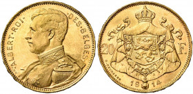 BELGIQUE, Royaume, Albert Ier (1909-1934), AV 20 francs, 1914FR. Pos. A. Dupriez 1976.
Superbe à Fleur de Coin