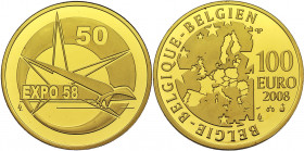 BELGIQUE, Royaume, Albert II (1993-2013), AV 100 euro, 2008. 50e anniversaire de l''exposition universelle de Bruxelles. Ecrin et certificat.
Flan po...