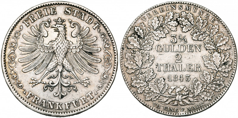 ALLEMAGNE, FRANCFORT, Ville libre, AR double Taler (3 1/2 Gulden), 1843. J. 23; ...
