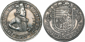 SAINT EMPIRE, Léopold V, archiduc (1619-1632), AR Taler, 1632, Ensisheim. Au titre de landgrave d''Alsace. D/ B. couronné et cuir. à d., ten. un scept...