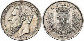CONGO, Etat Indépendant, Léopold II (1885-1908), AR 2 francs, 1891. Dupriez 73. Nettoyé.
Très Beau à Superbe
