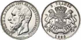 CONGO, Etat Indépendant, Léopold II (1885-1908), AR 5 francs, 1894. Dupriez 78. Nettoyé. Coup sur la tranche.
Très Beau