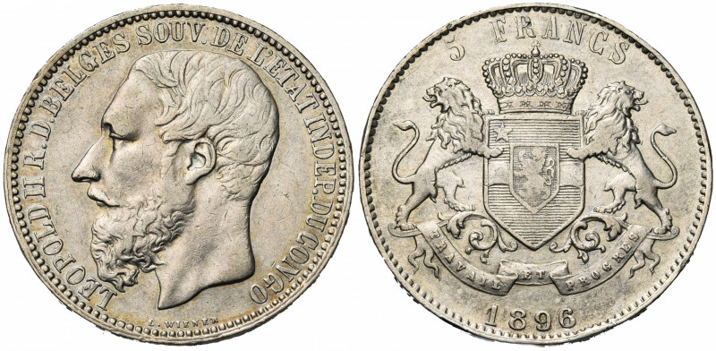 CONGO, Etat Indépendant, Léopold II (1885-1908), AR 5 francs, 1896. Dupriez 119....