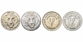 CONGO, République démocratique (1964-1971), lot de 2 essais de 10 francs, 1965. Cupronickel et aluminium. Fines griffes.
Fleur de Coin
