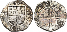 ESPAGNE, Philippe II (1556-1598), AR 4 reales, 1589, Séville. D/ Ecu couronné. A g., S. A d., /IIII et 89. R/ Quadrilobe écartelé aux armes de Castil...