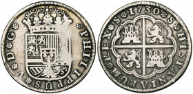 ESPAGNE, Philippe V (1700-1746), AR 8 reales, 1730, Séville. D/ Ecu couronné. Sans lettre dans le champ. R/ Armes de Castille et Leon dans un quadrilo...