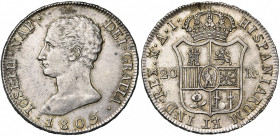 ESPAGNE, Joseph Napoléon (1808-1813), AR 20 reales, 1809AI, Madrid. C.C.T. 23; Dav. 308. 26,72g Fines griffes.
presque Superbe
