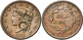 ETATS-UNIS, Cu 1 cent, 1837. K.M. 45. Contremarqué TC au droit.
Beau à Très Beau