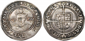 GRANDE-BRETAGNE, Edouard VI (1547-1553), AR shilling, s.d. (1551-1553), Londres. Différent: tonneau. D/ B. cour. de f., entre une rose et XII. R/ Ecu ...