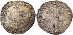 GRANDE-BRETAGNE, Charles Ier (1625-1649), AR shilling, s.d. (1634-1635), Londres (Tower Mint). Différent: cloche. D/ B. cour. à g. Derrière, XII. R/ E...