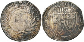 GRANDE-BRETAGNE, Commonwealth (1649-1660), AR demi-couronne (2 shilling 6 pence), 1653. Différent: soleil. D/ Ecu d''Angleterre entre une palme et une...