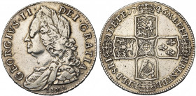 GRANDE-BRETAGNE, Georges II (1727-1760), AR demi-couronne, 1746. LIMA sous le buste. D/ B. l., dr. et cuir. à g. R/ Croix formée de quatre écus couron...