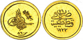 OTTOMAN EMPIRE, Mahmud II (AD 1808-1839/AH 1223-1255) AV pattern 1/4 altin, AH 1223, year 21. 0,73g.
Extremely Fine