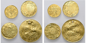 OTTOMAN EMPIRE, Mahmud II (AD 1808-1839/AH 1223-1255) lot of 4 gold coins: 2 rumi altin, year 12 (pierced); 1/2 hayriye altin, year 22; cedid mahmudiy...