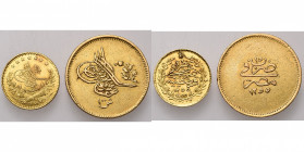OTTOMAN EMPIRE, Abdul Mejid (AD 1839-1861/AH 1255-1277) AR lot of 2 gold coins: 100 kurush, year 15, Misr; 25 kurush, year 19, Kostantiniye.
Very Fin...
