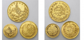 OTTOMAN EMPIRE, Abdul Aziz (AD 1861-1876/AH 1277-1293) lot of 3 gold coins: 100 kurush, year 2; 25 kurush, year 5, Kostantiniye; 10 riyal, AH 1281, Tu...