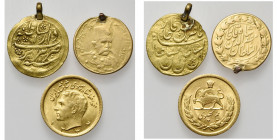 IRAN, lot of 3 gold coins: toman (mounted); Muzzafar al-Din Shah, toman (mounted); Muhammad Reza Pahlavi, 1/2 pahlavi, SH 1344 (Very Fine).
Fine