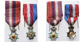 BELGIQUE, lot de 2 miniatures de l’Ordre de Léopold, modèle civil unilingue en argent (18 mm), avec ruban combiné aux couleurs de 4 ordres: l’une unif...