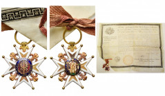 FRANCE, Ordre de Saint-Louis, croix de chevalier en or, avec anneau cannelé, accrochée avec un bout de ruban à son brevet parcheminé au nom de J. de S...