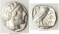 ATTICA. Athens. Ca. 440-404 BC. AR tetradrachm (26mm, 17.16 gm, 8h). AU, scratch. Mid-mass coinage issue. Head of Athena right, wearing crested Attic ...
