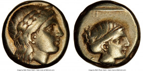 LESBOS. Mytilene. Ca. 377-326 BC. EL sixth-stater or hecte (10mm, 2.53 gm, 10h). NGC VF 5/5 - 4/5. Laureate head of Apollo (Dionysus?) right / Head of...