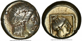 LESBOS. Mytilene. Ca. 377-326 BC. EL sixth-stater or hecte (10mm, 2.54 gm, 11h). NGC XF 3/5 - 3/5. Laureate head of Apollo (Dionysus?) right / Head of...