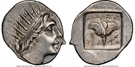 CARIAN ISLANDS. Rhodes. Ca. 88-84 BC. AR drachm (15mm, 12h). NGC Choice AU. Plinthophoric standard, Callixei(nos), magistrate. Radiate head of Helios ...
