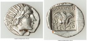CARIAN ISLANDS. Rhodes. Ca. 88-84 BC. AR drachm (15mm, 2.24 gm, 11h). VF. Plinthophoric standard, Callixei(nos), magistrate. Radiate head of Helios ri...