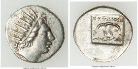 CARIAN ISLANDS. Rhodes. Ca. 88-84 BC. AR drachm (14mm, 2.39 gm, 1h). XF. Plinthophoric standard, Euphanes, magistrate. Radiate head of Helios right / ...