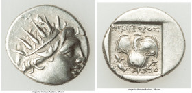 CARIAN ISLANDS. Rhodes. Ca. 88-84 BC. AR drachm (14mm, 2.39 gm, 12h). VF. Plinthophoric standard, Lysimachus, magistrate. Radiate head of Helios right...