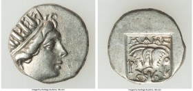 CARIAN ISLANDS. Rhodes. Ca. 88-84 BC. AR drachm (13mm, 2.48 gm, 12h). VF. Plinthophoric standard, Maes, magistrate. Radiate head of Helios right / MAH...