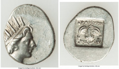 CARIAN ISLANDS. Rhodes. Ca. 88-84 BC. AR drachm (14mm, 2.58 gm, 12h). VF. Plinthophoric standard, Thrasymedes, magistrate. Radiate head of Helios righ...