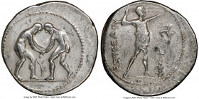 PAMPHYLIA. Aspendus. Ca. 325-250 BC. AR stater (25mm, 11h). NGC VF, die shift. Two wrestlers grappling; KY between / ΕΣΤFΕΔΙΥ, slinger standing right,...