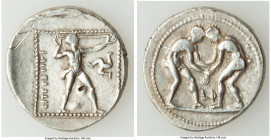 PAMPHYLIA. Aspendus. Ca. 325-250 BC. AR stater (24mm, 10.68 gm, 12h). About VF, scratches, punch, edge marks. Two wrestlers grappling, LΦ between / Sl...