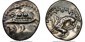 PHOENICIA. Byblus. Aynel (Ca. 350-326 BC) AR 1/16 shekel (9mm, 6h). NGC XF. Lion-headed galley left, containing two hoplites with helmets and round sh...