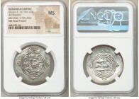 SASANIAN KINGDOM. Khusro II (AD 591-628). AR drachm (32mm, 3h). NGC MS. Bust of Khusro II right, wearing mural crown with frontal crescent, two wings,...